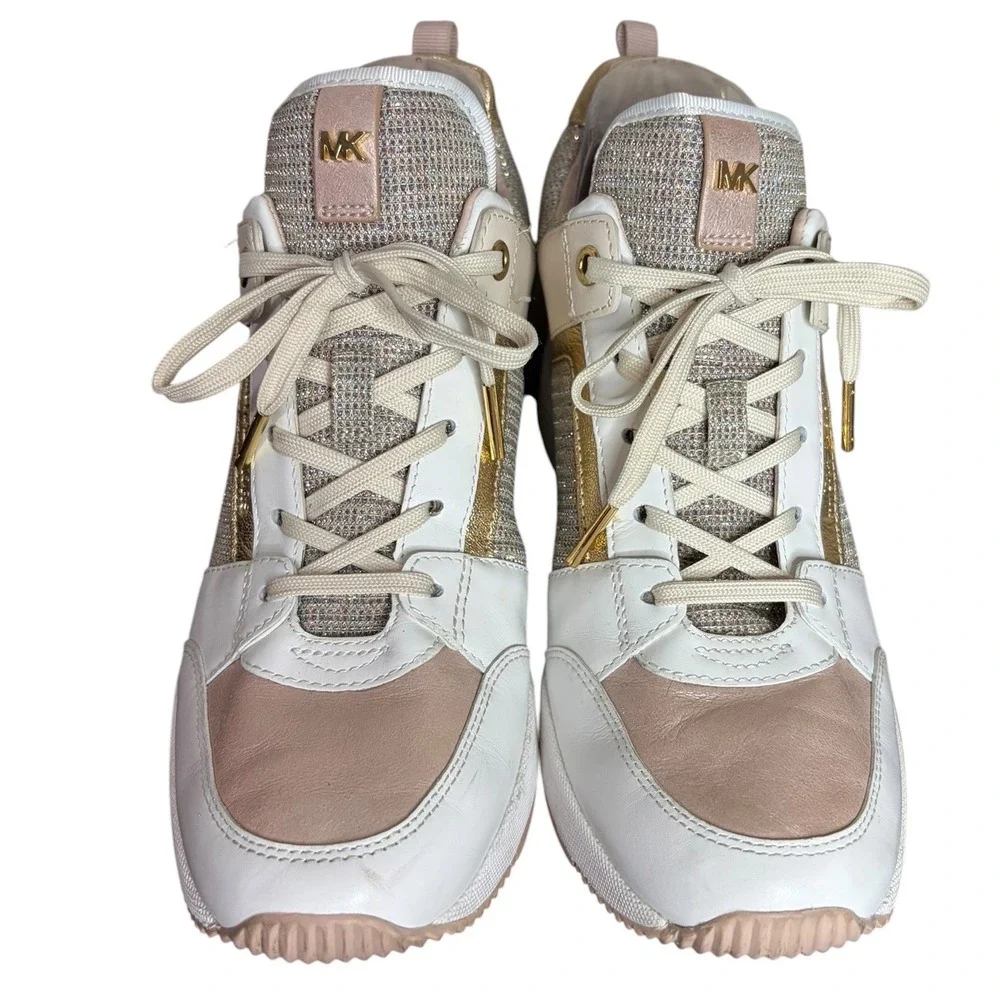 Michael Kors White Pink Wedge Sneakers Glitter Leather Women's Size 8.5M